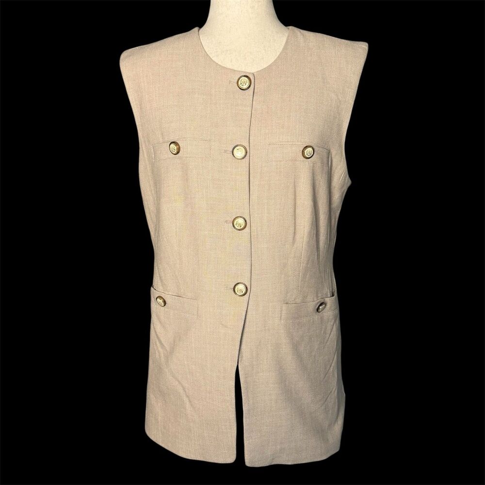 Rachel Zoe Split Hem Vest 6 Minimalist Polished Capsule Neutral Button Front Tan